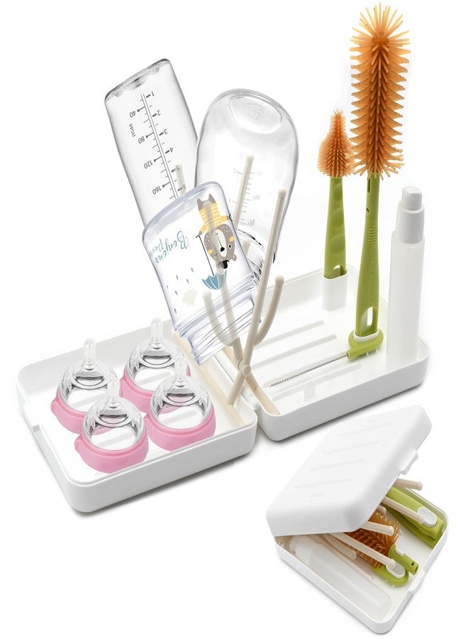 Ismosm Portable Baby Bottle Brush Kit Premium Silicone Bottle Cleaner Brush, Nipple Brush, Straw Brush, Soap Dispenser, Bottle Drying Rack, and a Storage Organizer Case for Both Home and Travel Uses (White) - Image 1